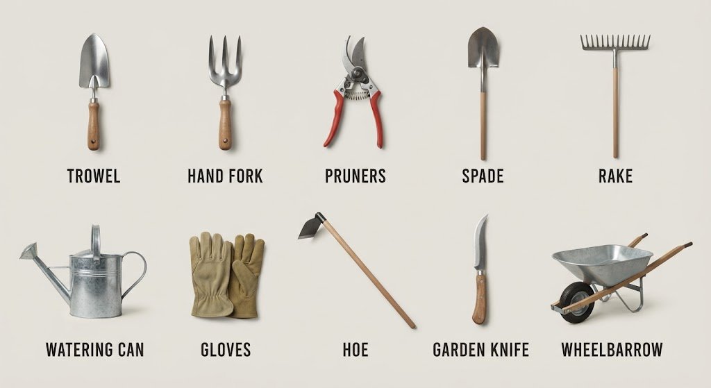 Infographic of 10 essential gardening tools labeled: trowel, hand fork, pruners, spade, rake, watering can, gloves, hoe, garden knife, and wheelbarrow