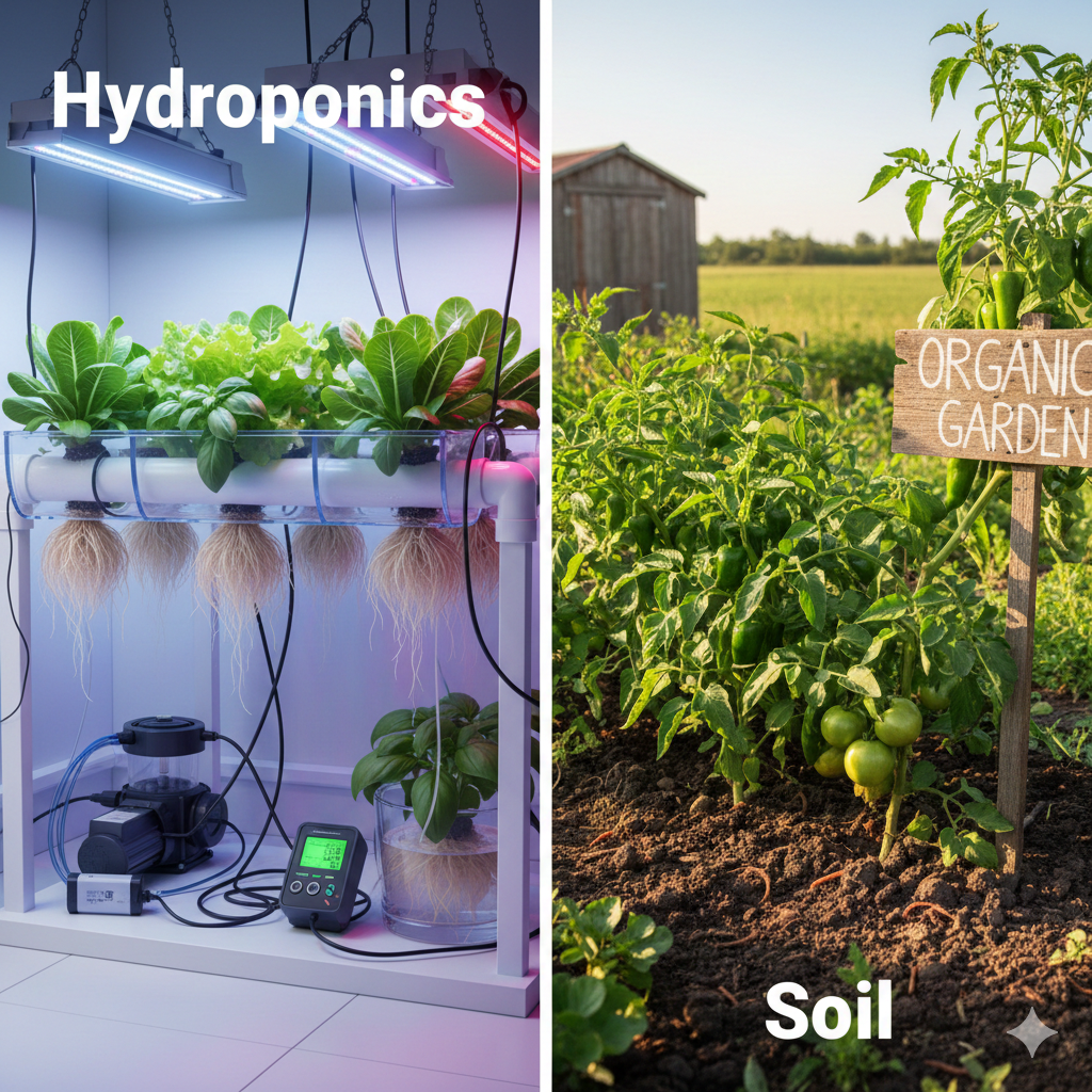 Side-by-side comparison of hydroponic and soil-grown plants