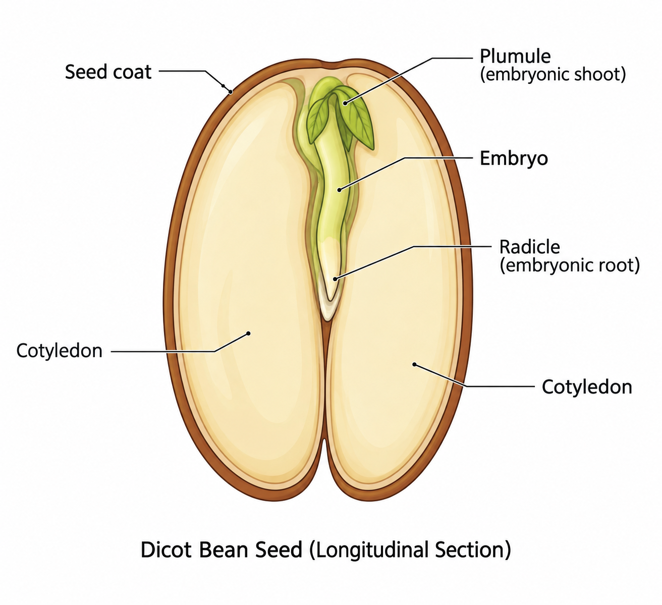 Labeled diagram of a dicot bean seed in longitudinal section showing seed coat, cotyledons, embryo, plumule, and radicle