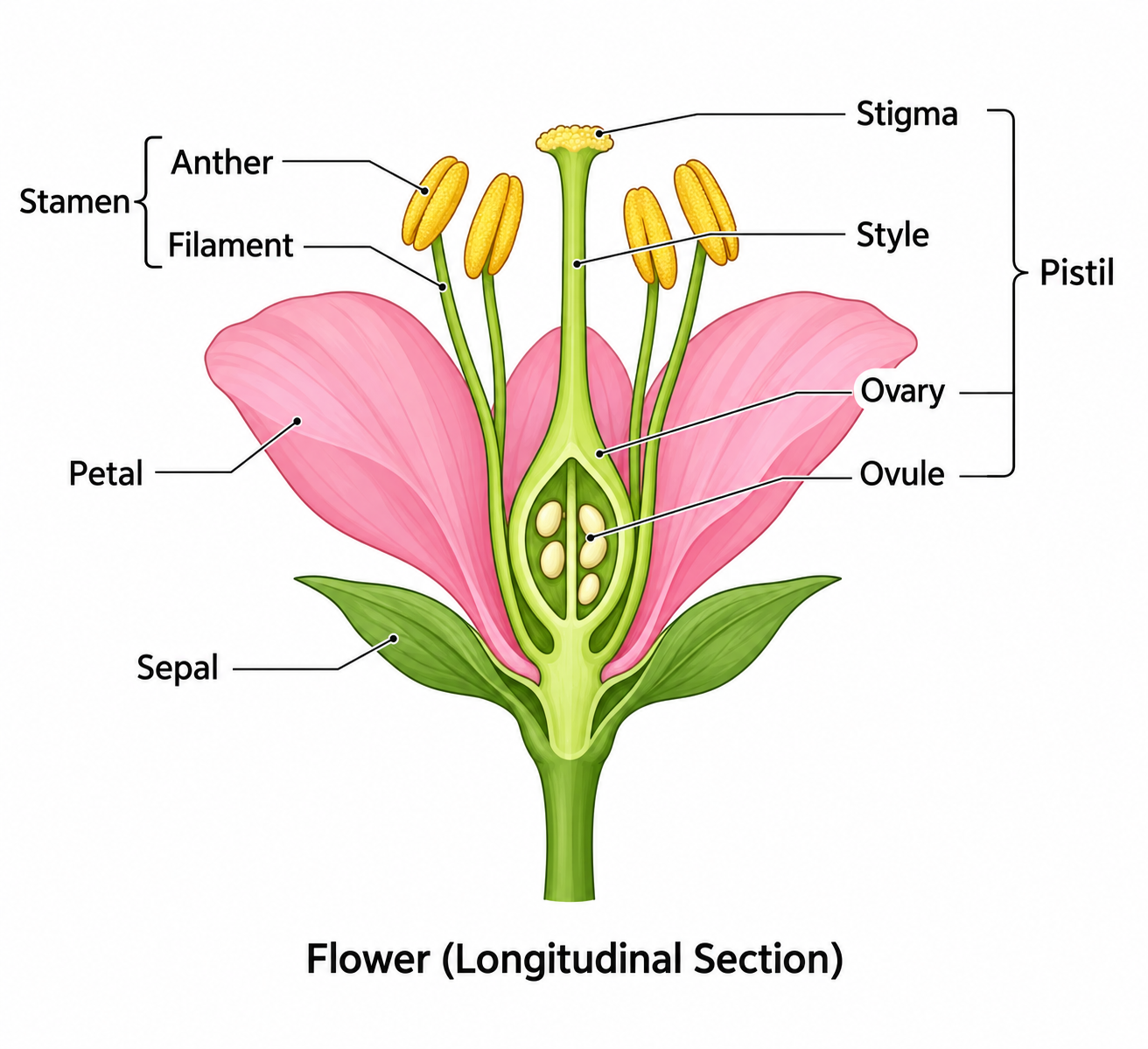Labeled diagram of a flower in longitudinal section showing the stamen (anther, filament) and pistil (stigma, style, ovary, ovule), with petal and sepal