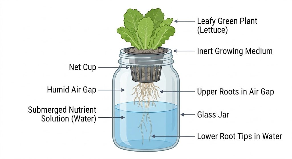Labeled diagram of a Kratky hydroponic jar showing the net cup, air gap, nutrient water, and roots split between air and water