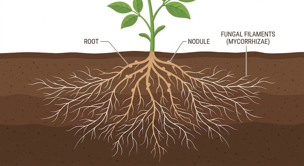 Diagram of a plant root system showing nitrogen-fixing nodules and mycorrhizal fungal filaments spreading into the soil