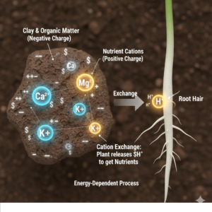 Diagram of cation exchange process showing nutrient uptake at the root surface, explained by Serge (MSc, UEF).