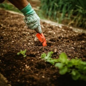 Gardener with gloves using a red trowel to plant a seedling in soil outdoors.