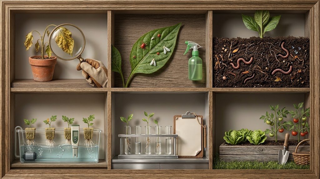 Illustrated wooden display case showing six gardening themes: plant diagnosis, pests and disease, soil, hydroponics, home experiments, and vegetable growing