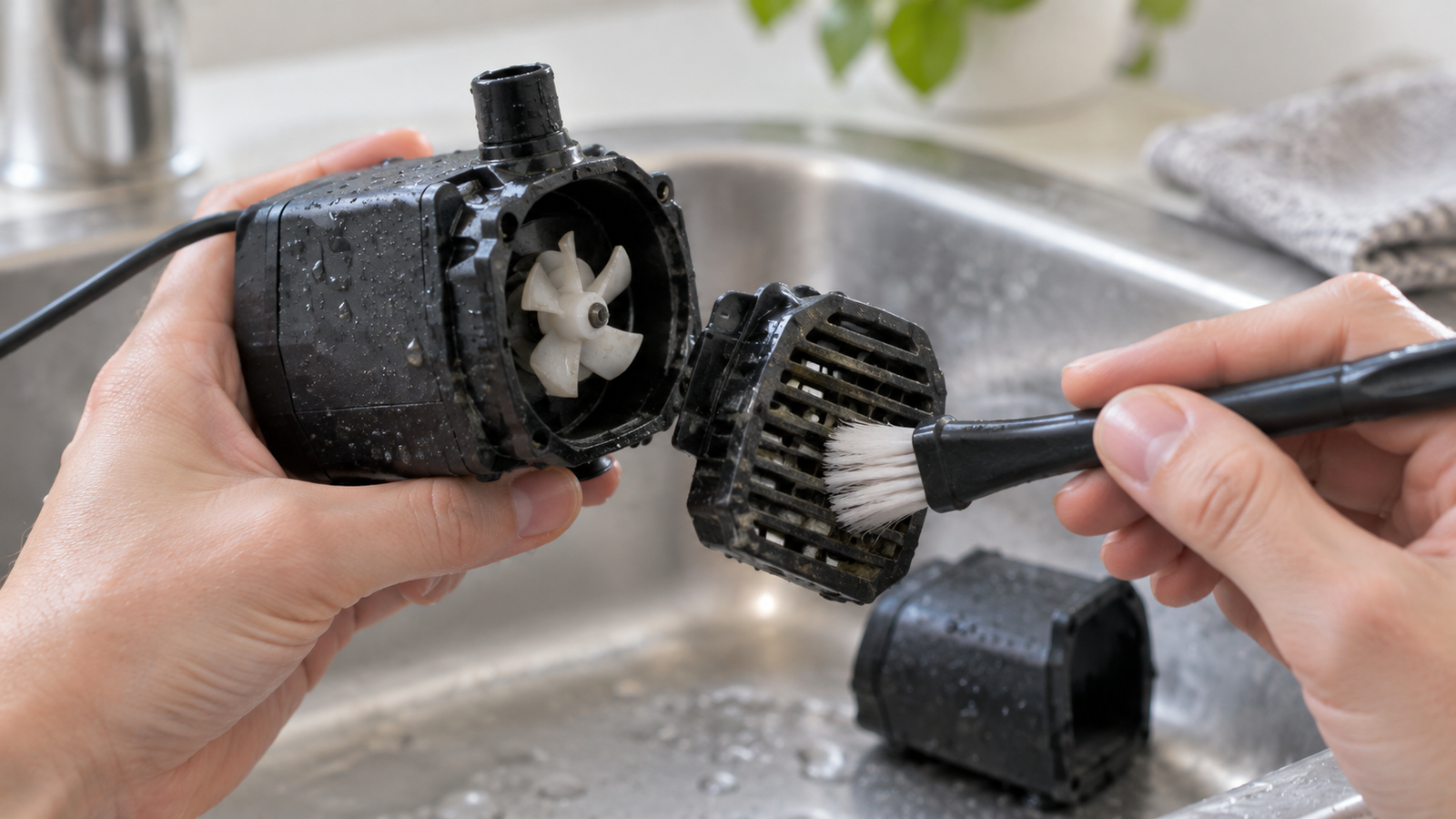 Hands cleaning a submersible water pump's intake grille and impeller with a brush over a sink