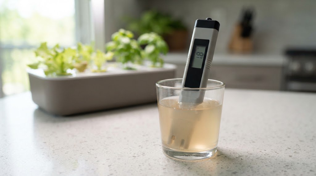 A digital EC or TDS pen meter reading the strength of a hydroponic nutrient solution