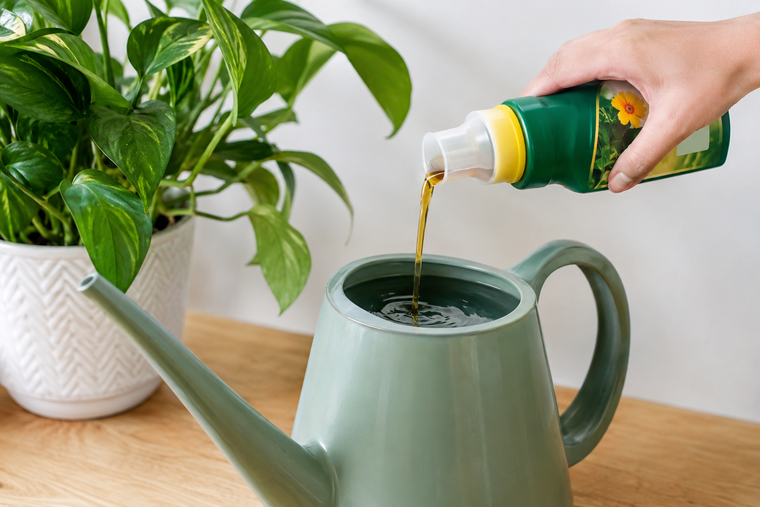 Liquid fertilizer being poured from a bottle into a green watering can beside a pothos
