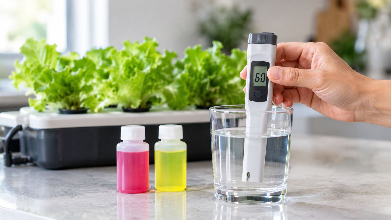 A hand holding a digital pH pen meter reading 6.0 in a glass of nutrient solution, with calibration buffer bottles beside it