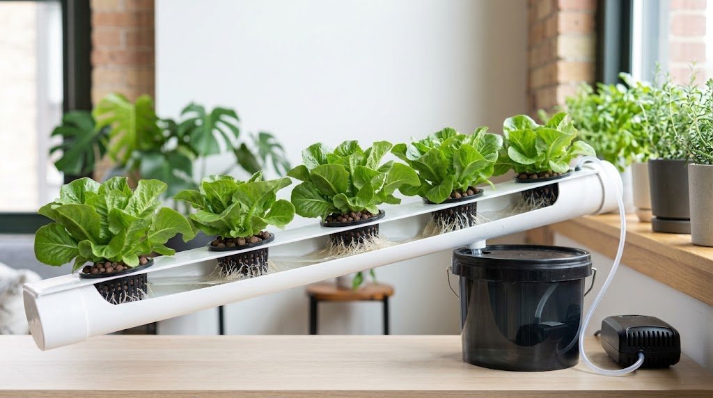 A nutrient film technique hydroponic system fed by a submersible water pump from a reservoir