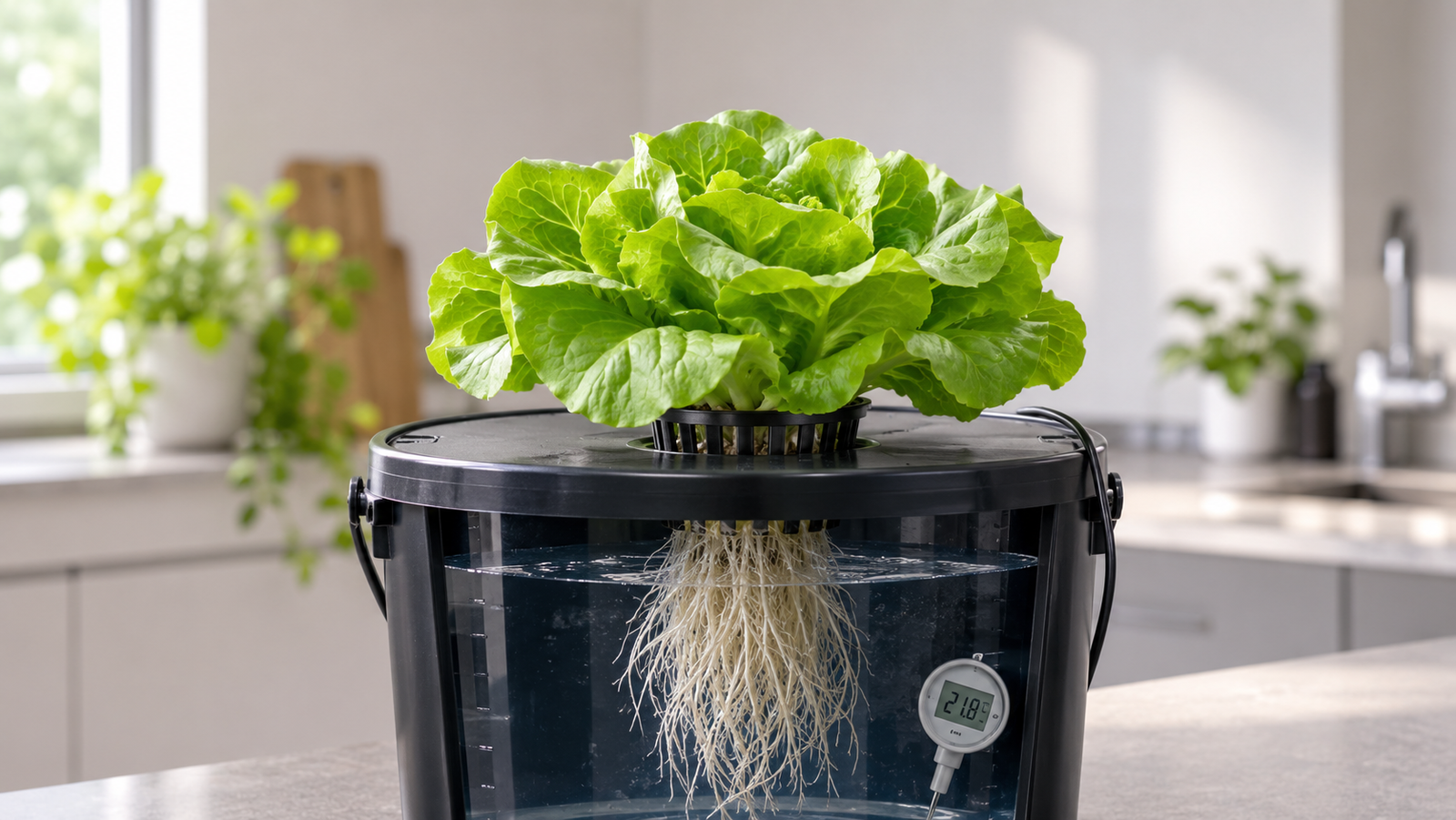 Lettuce growing in a deep water culture bucket with roots in water and a thermometer reading 21.8°C