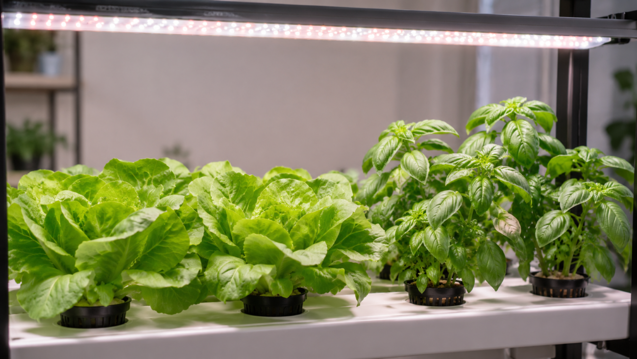 Romaine lettuce and basil growing in net pots under a full-spectrum LED grow light bar