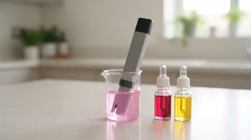 A pH pen meter being calibrated in buffer solution, with calibration buffer bottles beside it