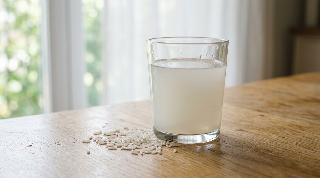 A glass of cloudy white rice water on a wooden table with scattered rice grains