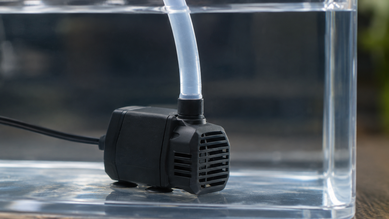 A black submersible water pump in a hydroponic reservoir with a tube carrying water upward