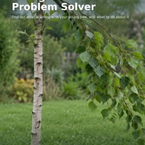 Cover of the Young Tree Problem Solver guide showing a young birch tree with a broken top in a garden